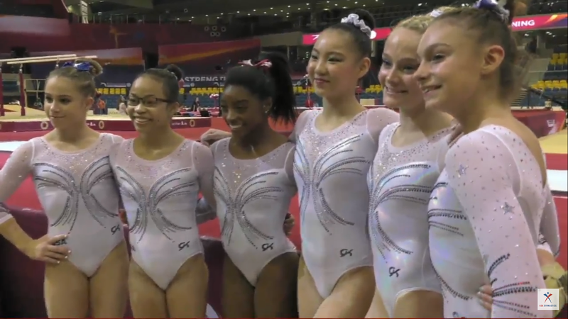 Simone is all smiles after taking care of the USAG CEO mess before arriving in Doha. From left to right: Ragan Smith, Morgan Hurd, Simone Biles, Kara Eaker, Riley McCusker, Grace McCallum